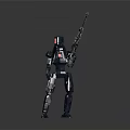 Mechanical Robot Character Standing With Rifle And Red Detail In Metallic Design