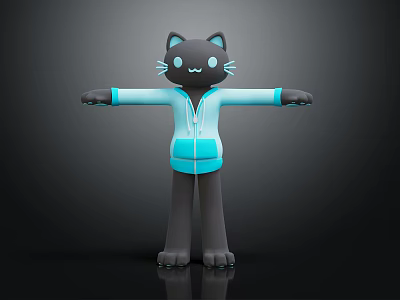 3D Black Cat Character Wearing Light Blue Hoodie in Standing Pose 3d model