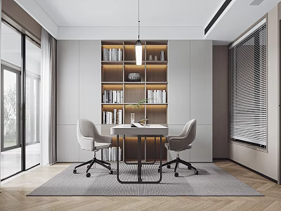 Modern Office Room With Built in Cabinets Books And Pendant Light 3d model