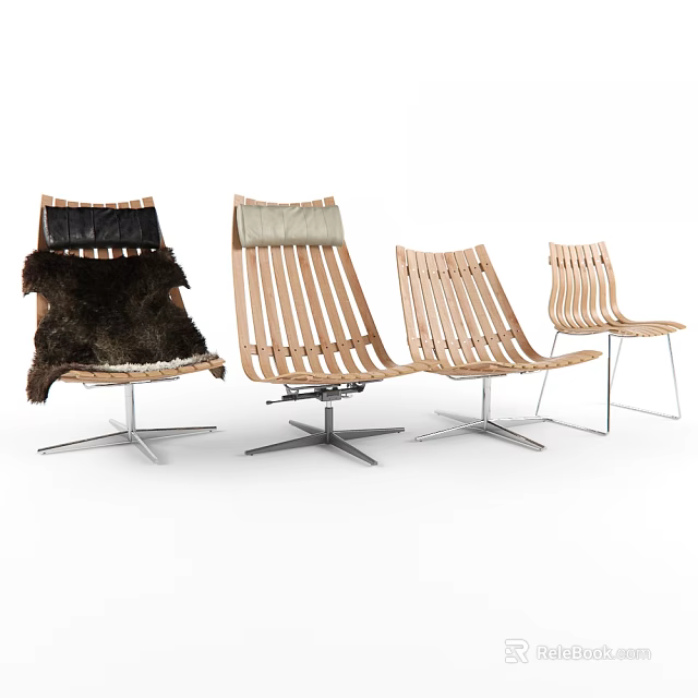 Modern Wooden Lounge Chairs with Curved Backrests and Metal Base Designs 3d model 