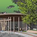 Shaded Wooden Pergola with Green Trees Benches and Colorful Decorative Balls in Garden Rest Area