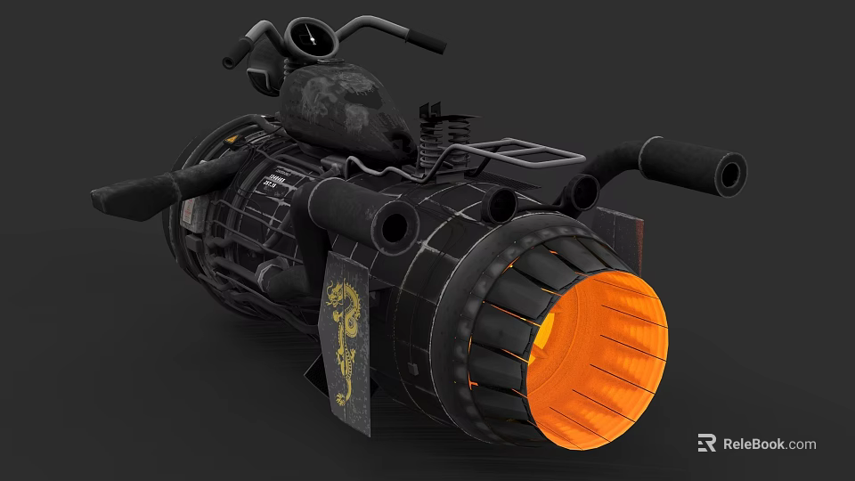 Futuristic Black Motorcycle With Jet Engine Orange Exhaust And Mechanical Details 3d model 