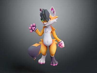 Cartoon Style Game Movie Character With Orange White Fur Green Eyes And Pink Paws 3d model