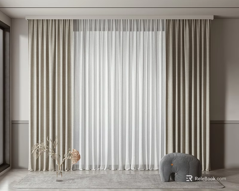 Modern Double Layer Curtains In Living Room With Sheer Panels And Neutral Decor 3d model 