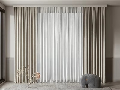 Modern Double Layer Curtains In Living Room With Sheer Panels And Neutral Decor 3d model