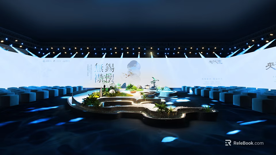 Modern Stage Design With Water Features Decorative Plants Lighting And Steps 3d model 