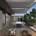 Villa Balcony Open Design With White Long Table Chairs Green Plants And Shade Structure