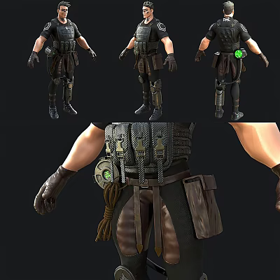 Game Movie Character Showcasing Multiple Angles With Tactical Vest Leather Pouches And Green Insignia 3d model
