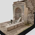 Garden Ornament Display Model Featuring Stone Arched Structure Steps And Water Basin