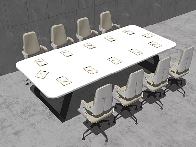 White Rectangular Conference Table With Light Chairs And Documents In Modern Meeting Room 3d model