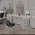 Elegant White Dressing Table with Ornate Mirror Cosmetics Flower Vase and Blue Chair in Bedroom