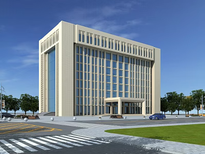 Modern Light Colored Office Building Exterior With Large Glass Windows Trees Lawn And Blue Car 3d model