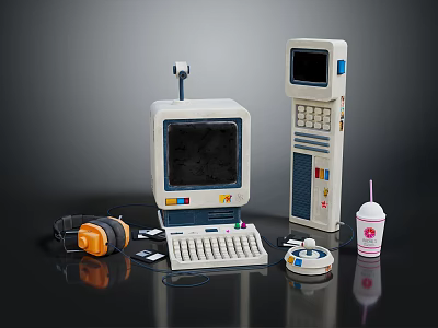 Vintage Computer Setup With Monitor Keyboard Headphones Floppy Disk And Drink Cup 3d model