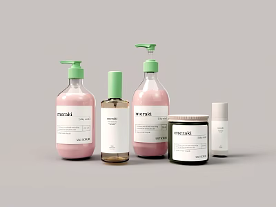 Meraki Hand Wash And Dish Soap With Green Pump Pink Liquid Containers 3d model