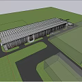 Modern Industrial Factory Building with Glass Curtain Wall Lighting People Around Drone Flying Sunset Sky