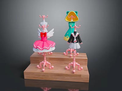 Cute Decorative Figurines With Pink Ballet Dress And Green Frog On Wooden Base 3d model