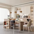 Modern Restaurant Interior with Dining Table Mixed Chairs Tableware Vase and Gold Pendant Lights