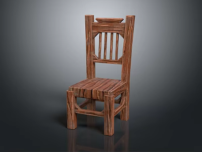 Wooden Chair With Striped Backrest And Natural Wood Seat Design 3d model
