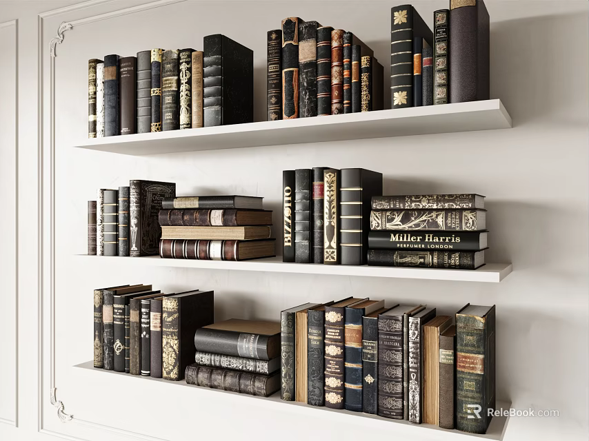Classic Hardcover Book Collection On White Shelves With Varied Designs 3d model 