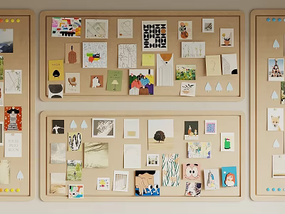 Decorative Photo Wall With Wooden Boards And Various Photos Cards Illustrations Small Decor Items 3d model