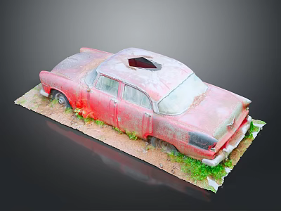 Old Red Rusty Car Model With Body Hole On Grass And Dirt Covered Base 3d model