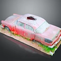 Old Red Rusty Car Model With Body Hole On Grass And Dirt Covered Base