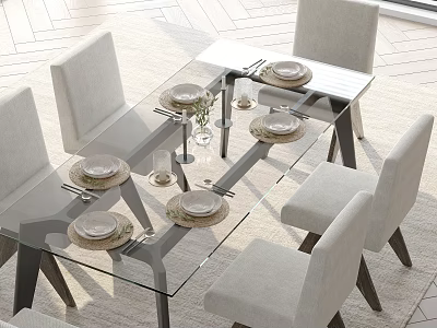 Modern Glass Dining Table with Grey Chairs Place Settings and Floral Centerpiece 3d model