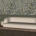 Elegant White Sofa On Wooden Platform With Green Floral Wallpaper And Floor Lamp