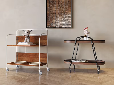 Modern Stylish Side Tables With Wooden Tabletops Metal Frames Wheels And Decorative Figurines 3d model