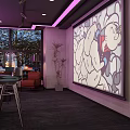 Modern Bar Interior With Neon Sign Purple Sofa And Wine Bottles On Shelves