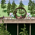 Park Landscape with Wooden Deck Heart Shaped Woven Arch Colorful Balloons and People Gathering