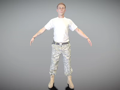 Man In White T-Shirt And Camouflage Pants Standing With Arms Outstretched On Gray Background 3d model