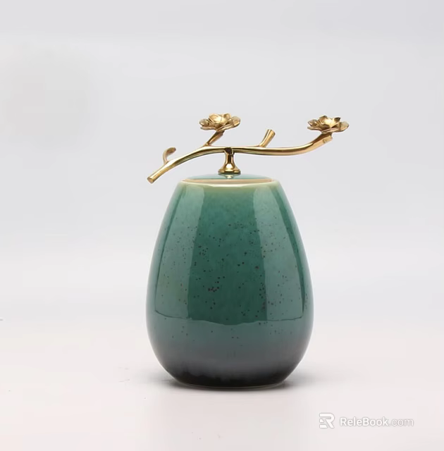 Elegant Green Ceramic Vessel With Golden Floral Ornament And Ovoid Shape 3d model 