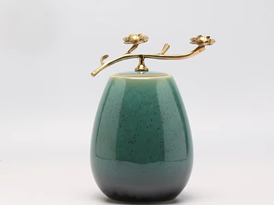 Elegant Green Ceramic Vessel With Golden Floral Ornament And Ovoid Shape 3d model
