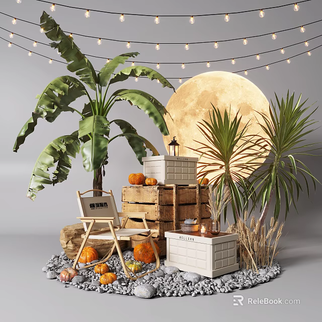 Cozy Indoor Landscape With Palm Trees Pumpkins Wooden Crates And Lantern Decor 3d model 