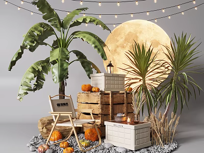 Cozy Indoor Landscape With Palm Trees Pumpkins Wooden Crates And Lantern Decor 3d model