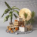 Cozy Indoor Landscape With Palm Trees Pumpkins Wooden Crates And Lantern Decor