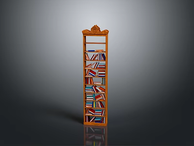 Wooden Bookshelf With Carved Top And Multiple Shelves Filled With Books 3d model