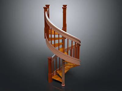 Wooden Spiral Staircase With Curved Handrail Decorative Balusters And Smooth Treads 3d model