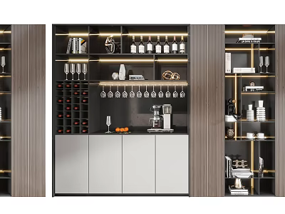 Modern Wine Cabinet With Multi Layer Shelves Wine Glasses Bottles And Coffee Machine 3d model