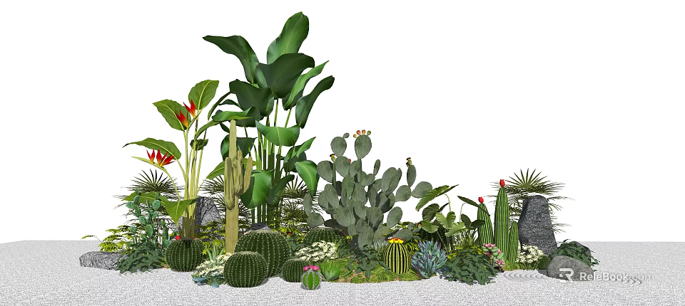 Garden Decorative Arrangement With Large Green Plants Cacti Succulents Small Flowers Stones And Pebbles 3d model 