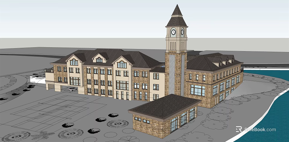Large Brick Building Featuring Clock Tower And Multi Story Exterior Design 3d model 