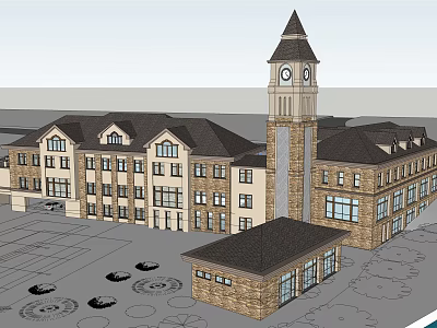 Large Brick Building Featuring Clock Tower And Multi Story Exterior Design 3d model
