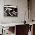 Modern Living and Dining Room Interior With Dark Wood Walls White Chairs And Gray Sofa
