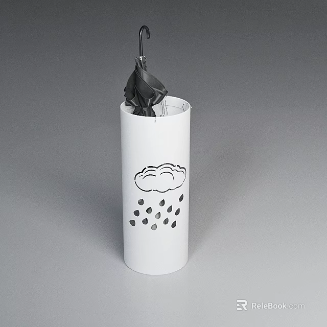Modern Display Shelf Featuring White Cylindrical Container With Black Umbrella And Cloud Raindrop Design 3d model 