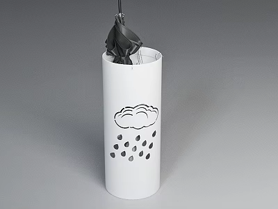 Modern Display Shelf Featuring White Cylindrical Container With Black Umbrella And Cloud Raindrop Design 3d model