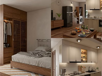 Cozy Modern Apartment Interior With Bedroom Wardrobe Kitchen Cabinets And Dining Table Fruits 3d model