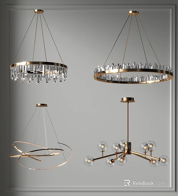 Modern Chandeliers Featuring Crystal Pendants Circular Metal Frames And Spherical Glass Lights 3d model 