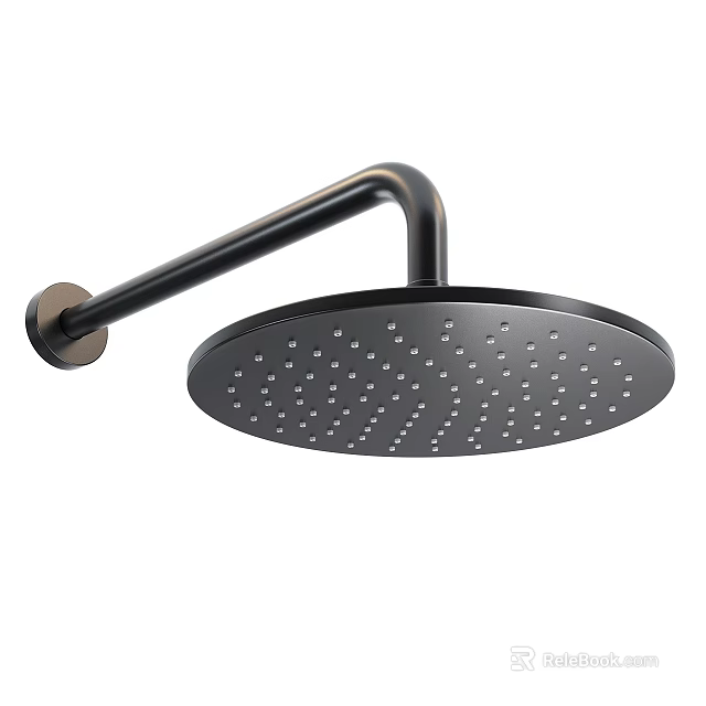 Black Round Rainfall Shower Head With Curved Metal Arm Wall Mounted Design 3d model 