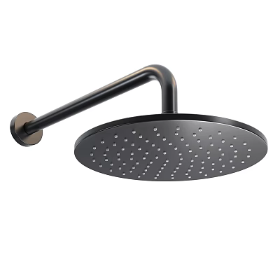 Black Round Rainfall Shower Head With Curved Metal Arm Wall Mounted Design 3d model